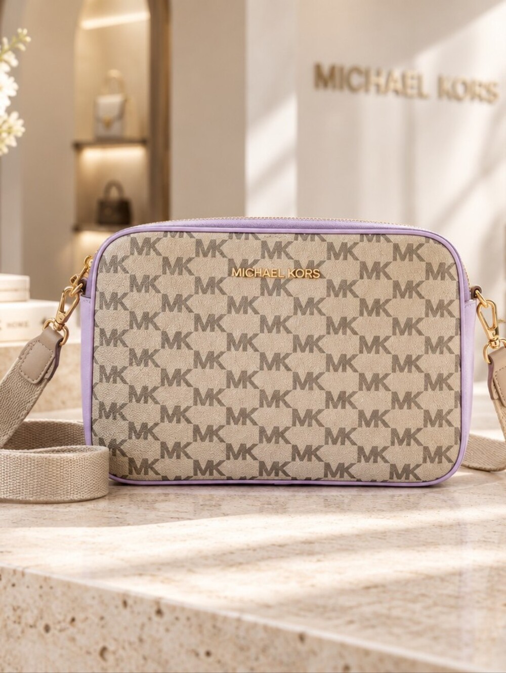 Michael Kors Beige MK Signature Crossbody with Lilac Trim NWOT